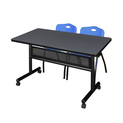 48 x 30 in. Flip-Top Privacy Nesting Table- Grey, 2 M Stack Chairs- Blue