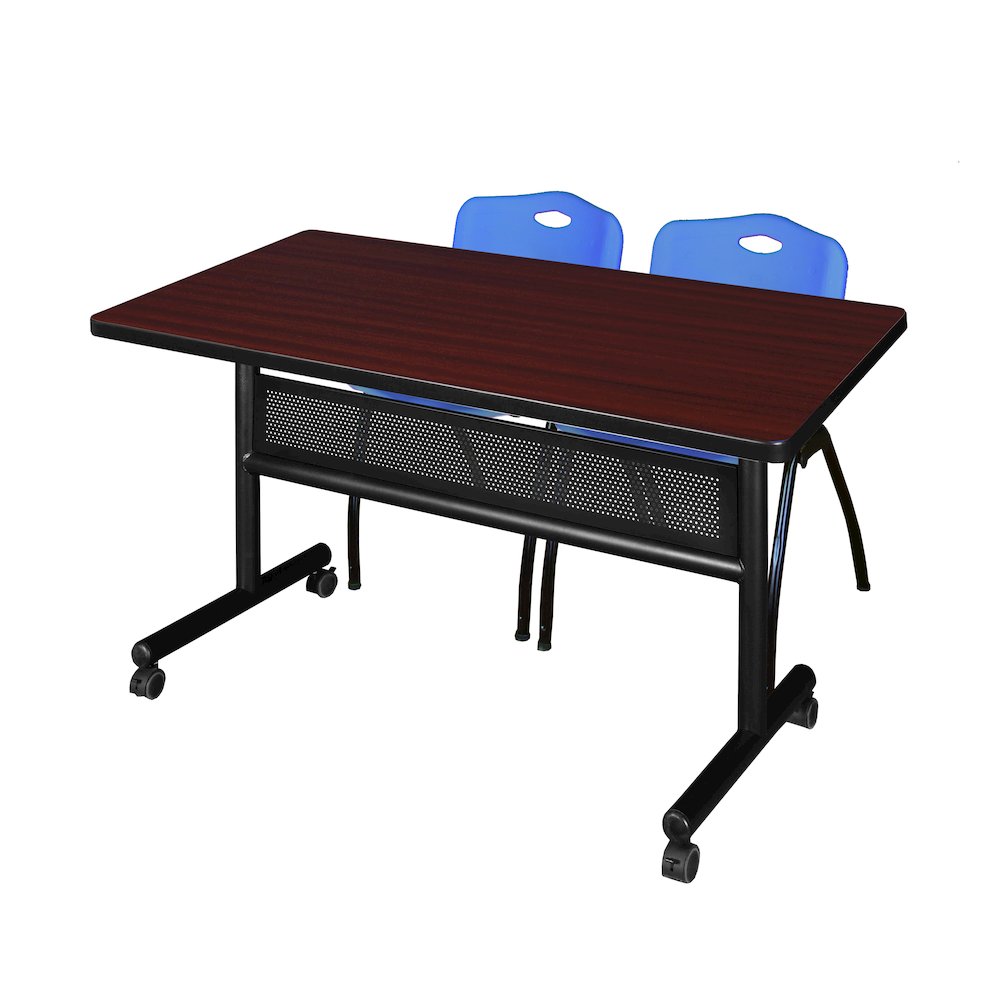 48 x 30 in. Flip-Top Privacy Nesting Table- Mahogany, 2 M Stack Chairs- Blue