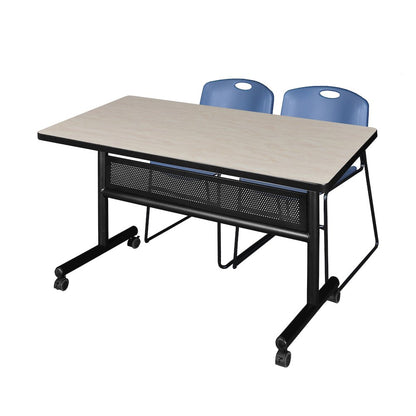 48 x 30 in. Flip-Top Privacy Nesting Table- Maple, 2 Zeng Stack Chairs- Blue