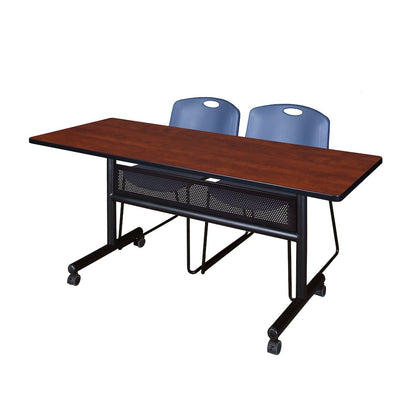 60 x 24 in. Flip-Top Privacy Nesting Table- Cherry, 2 Zeng Stack Chairs- Blue