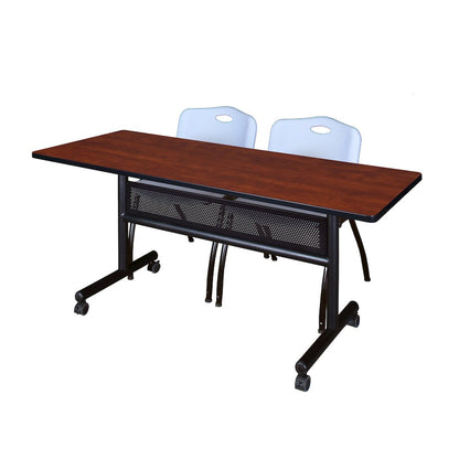 60 x 24 in. Flip-Top Privacy Nesting Table- Cherry, 2 M Stack Chairs- Grey