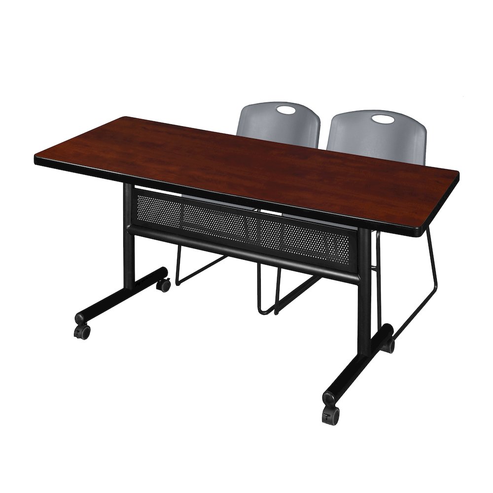 60 x 30 in. Flip-Top Privacy Nesting Table- Cherry, 2 Zeng Stack Chairs- Grey