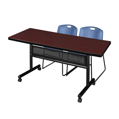 60 x 30 in. Flip-Top Privacy Nesting Table- Mahogany, 2 Zeng Stack Chairs- Blue