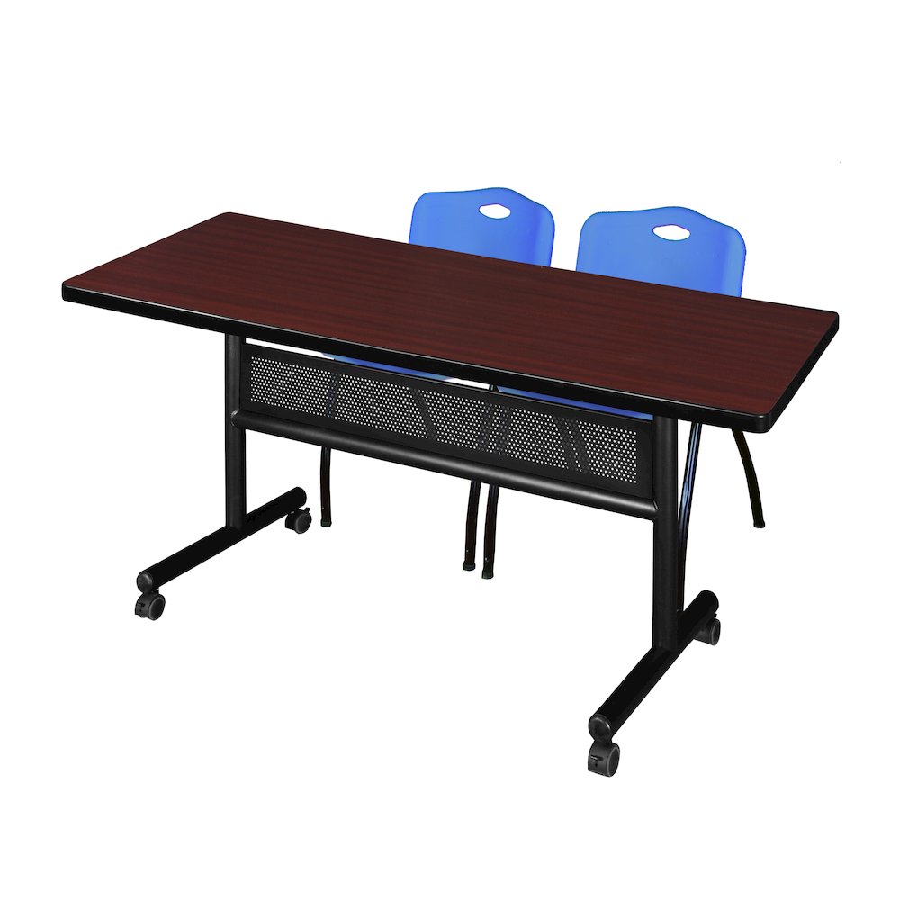 60 x 30 in. Flip-Top Privacy Nesting Table- Mahogany, 2 M Stack Chairs- Blue