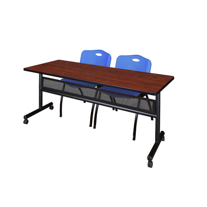 72 x 24 in. Flip-Top Privacy Nesting Table- Cherry, 2 M Stack Chairs- Blue
