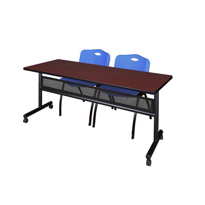 72 x 24 in. Flip-Top Privacy Nesting Table- Mahogany, 2 M Stack Chairs- Blue