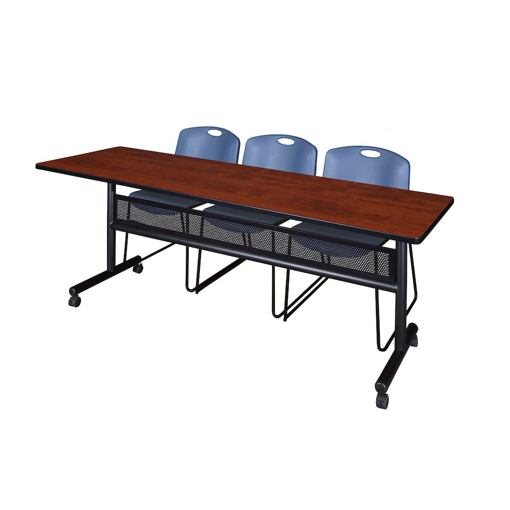 84 x 24 in. Flip-Top Privacy Nesting Table- Cherry, 3 Zeng Stack Chairs- Blue