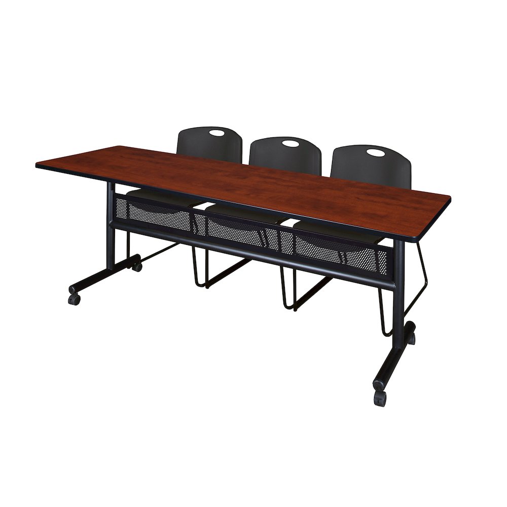 84 x 24 in. Flip-Top Privacy Nesting Table- Cherry, 3 Zeng Stack Chairs- Black