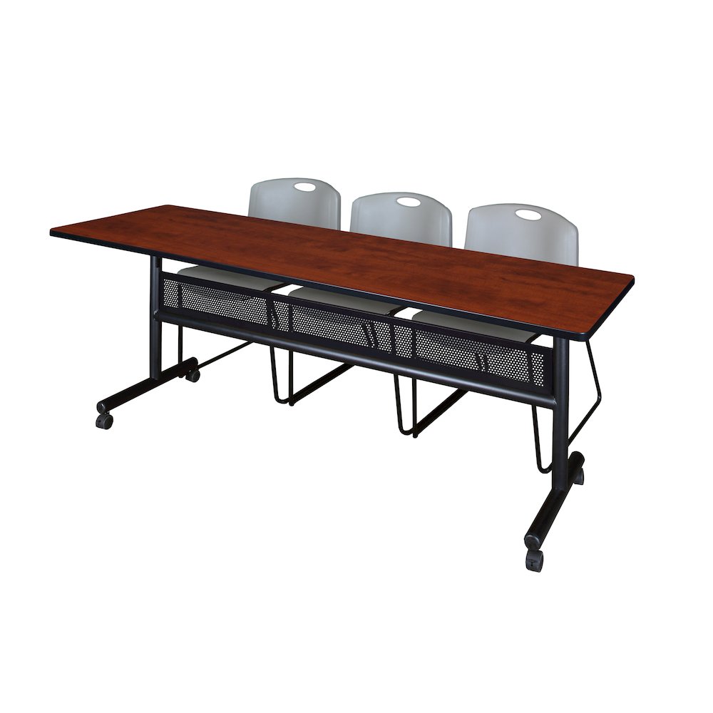 84 x 24 in. Flip-Top Privacy Nesting Table- Cherry, 3 Zeng Stack Chairs- Grey