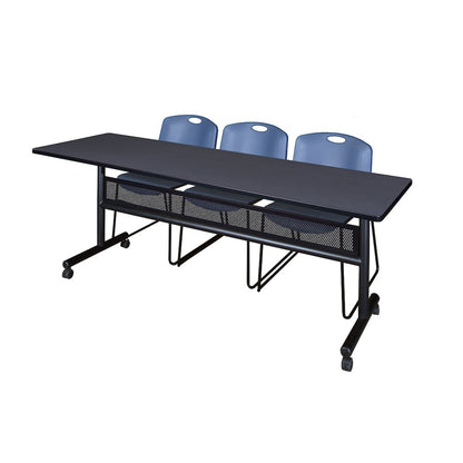 84 x 24 in. Flip-Top Privacy Nesting Table- Grey, 3 Zeng Stack Chairs- Blue