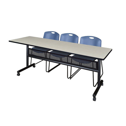 84 x 24 in. Flip-Top Privacy Nesting Table- Maple, 3 Zeng Stack Chairs- Blue