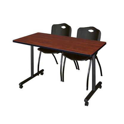 48 x 24 in. Mobile T-Base Training Table- Cherry, 2 M Stack Chairs- Black