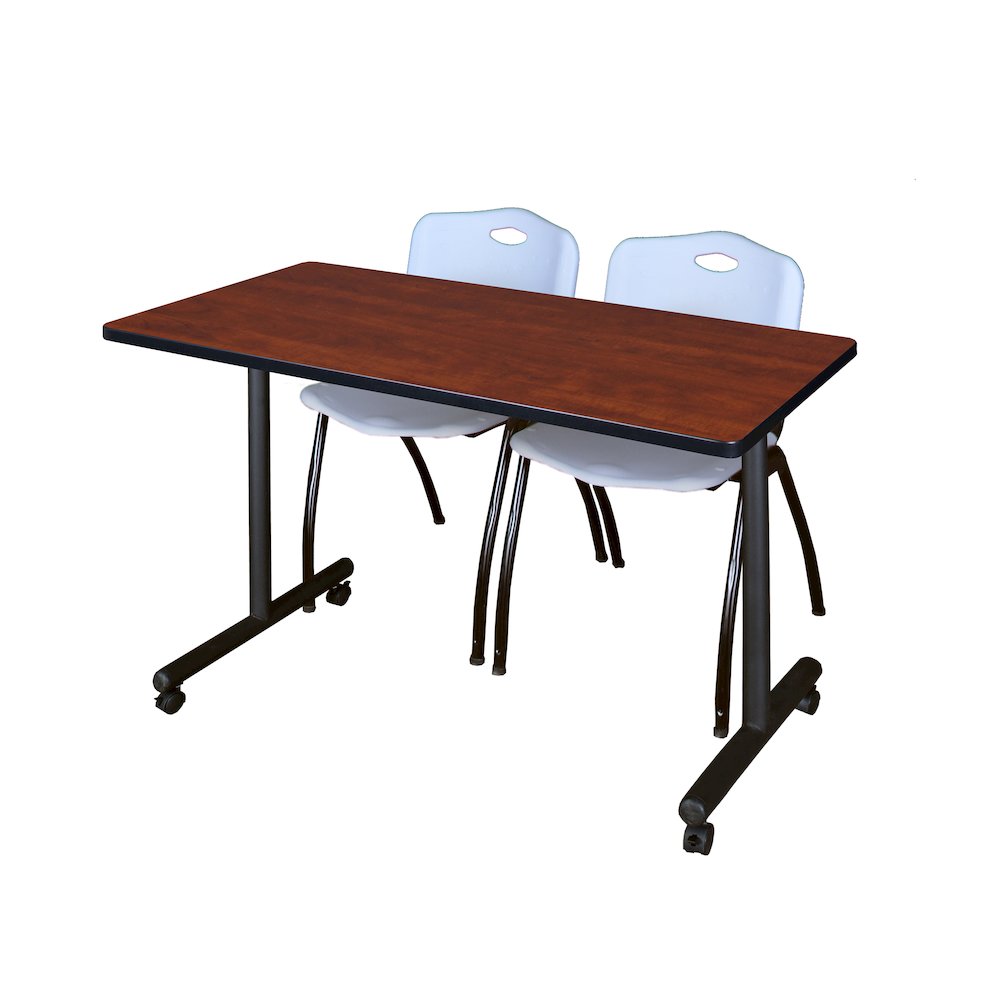 48 x 24 in. Mobile T-Base Training Table- Cherry, 2 M Stack Chairs- Grey