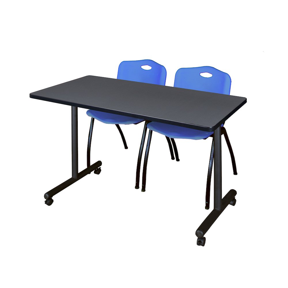 48 x 24 in. Mobile T-Base Training Table- Grey, 2 M Stack Chairs- Blue