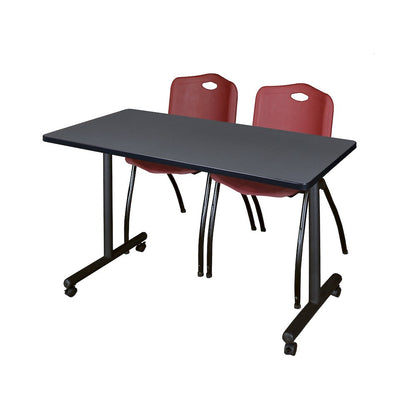 48 x 24 in. Mobile T-Base Training Table- Grey, 2 M Stack Chairs- Burgundy