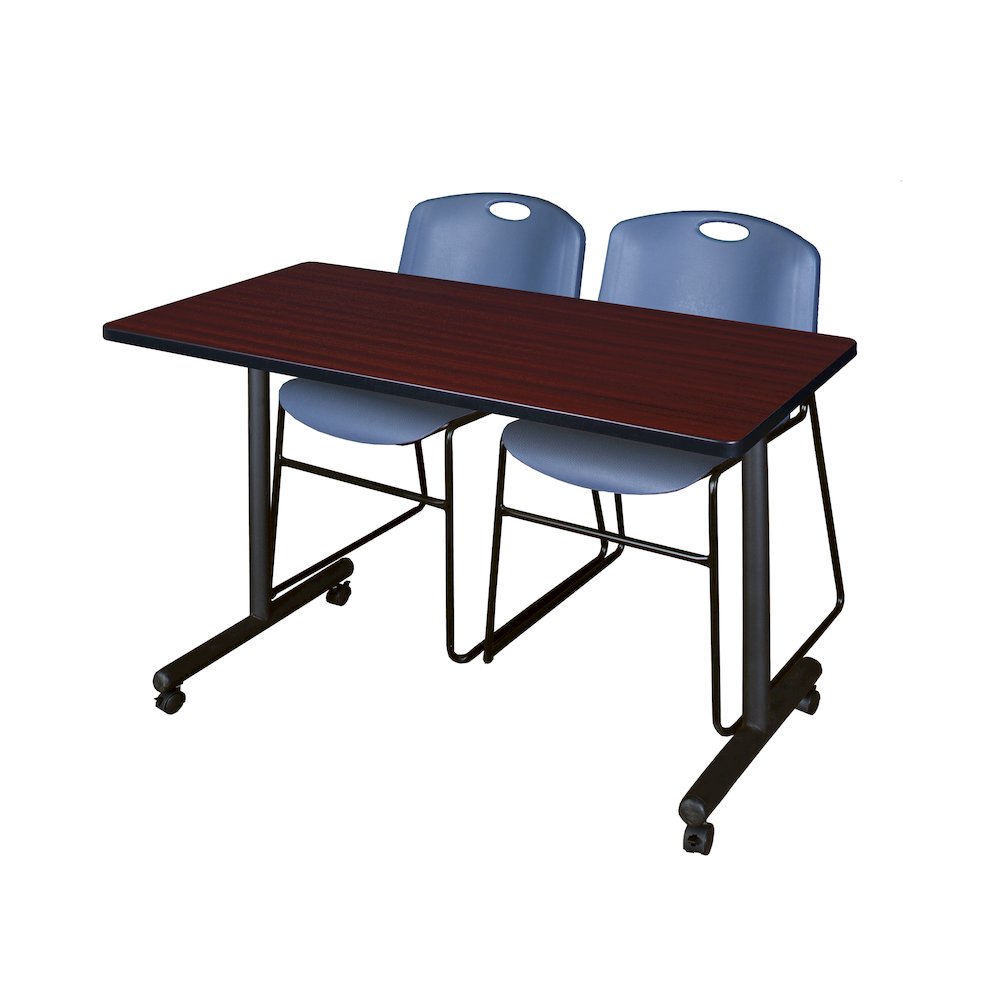48 x 24 in. Mobile T-Base Training Table- Mahogany, 2 Zeng Stack Chairs- Blue