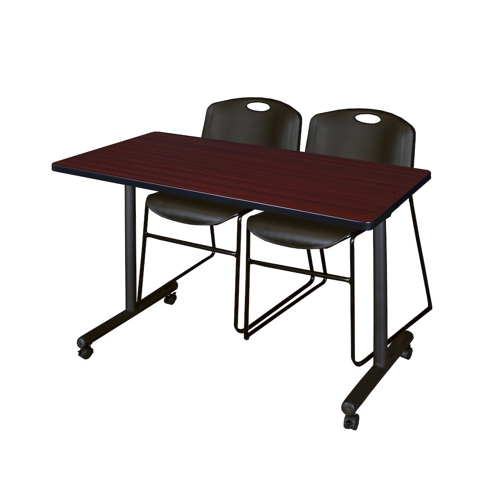 48 x 24 in. Mobile T-Base Training Table- Mahogany, 2 Zeng Stack Chairs- Black