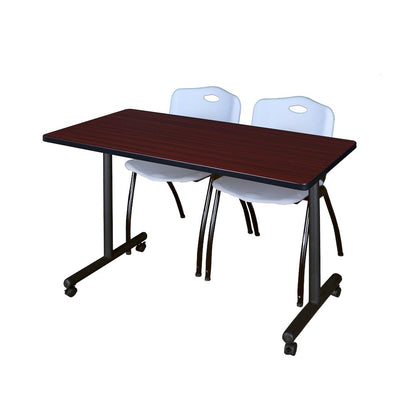 48 x 24 in. Mobile T-Base Training Table- Mahogany, 2 M Stack Chairs- Grey
