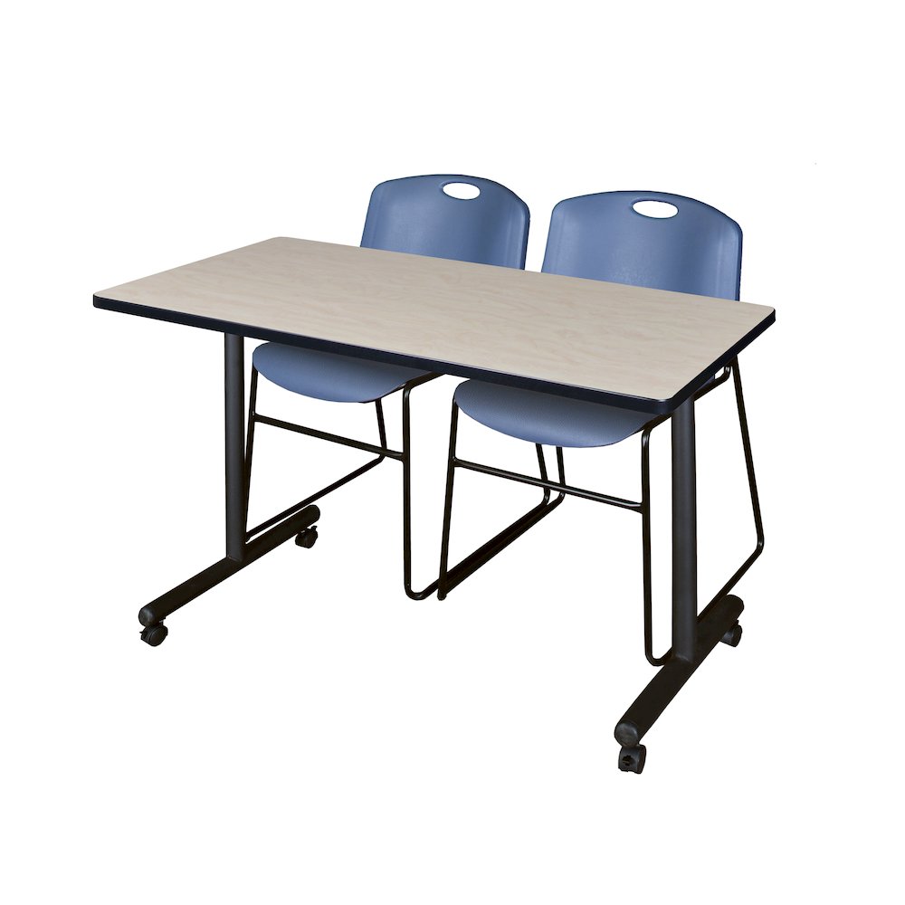 48 x 24 in. Mobile T-Base Training Table- Maple, 2 Zeng Stack Chairs- Blue