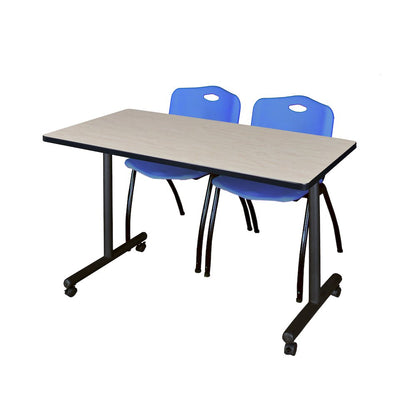 48 x 24 in. Mobile T-Base Training Table- Maple, 2 M Stack Chairs- Blue
