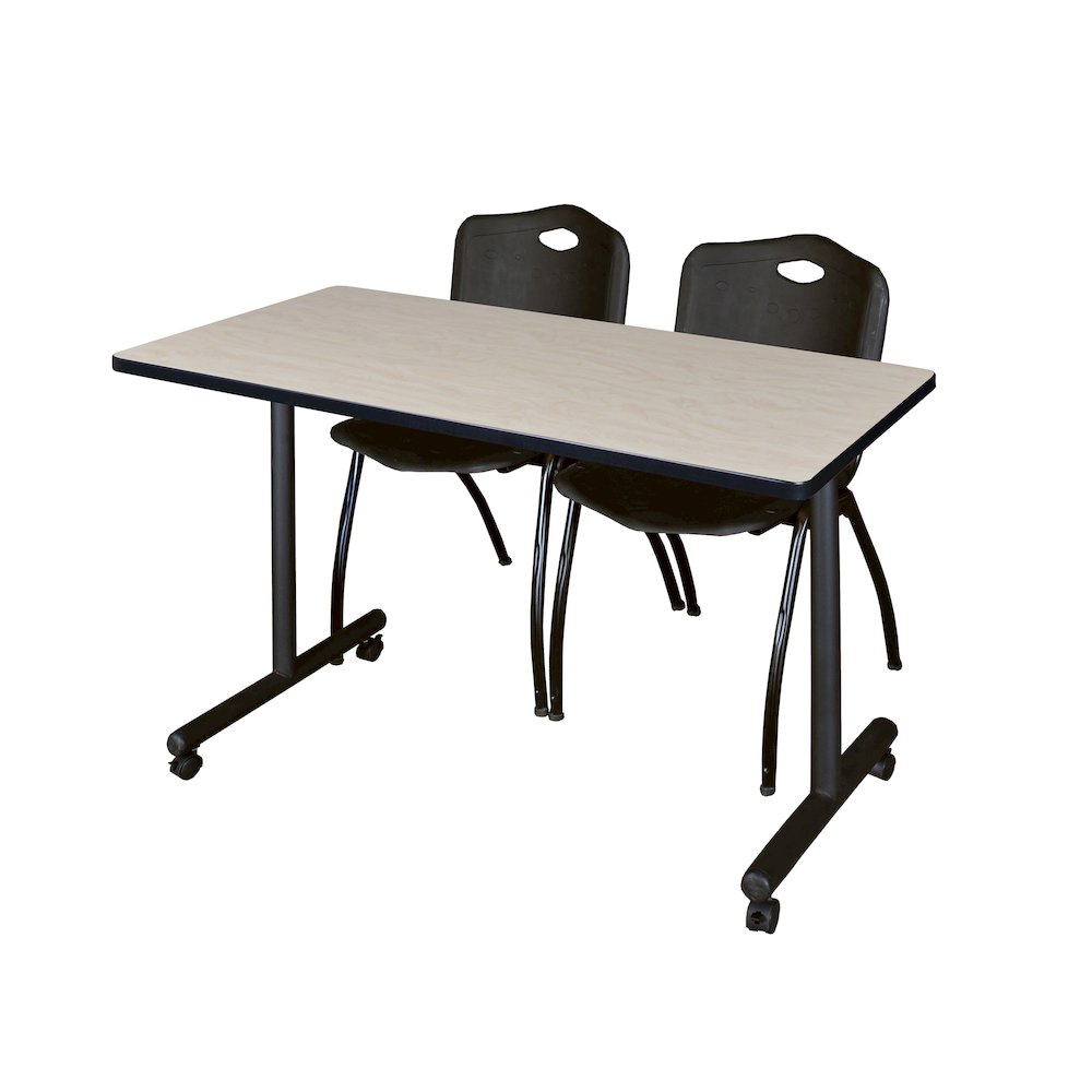 48 x 24 in. Mobile T-Base Training Table- Maple, 2 M Stack Chairs- Black