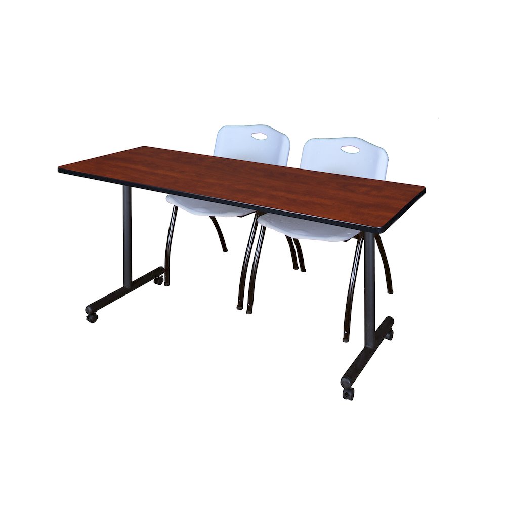 60 x 24 in. Mobile T-Base Training Table- Cherry, 2 M Stack Chairs- Grey
