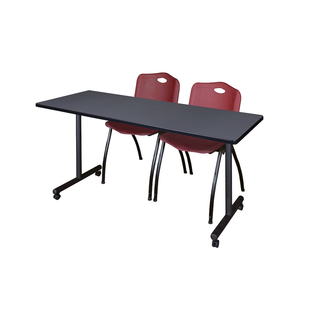 60 x 24 in. Mobile T-Base Training Table- Grey, 2 M Stack Chairs- Burgundy