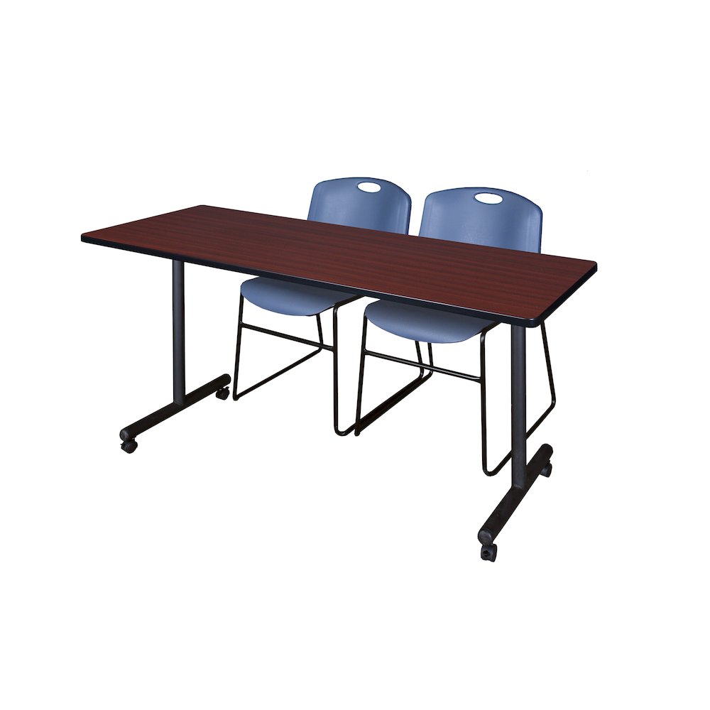 60 x 24 in. Mobile T-Base Training Table- Mahogany, 2 Zeng Stack Chairs- Blue