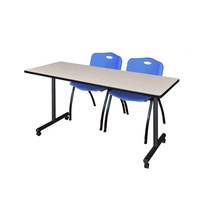 60 x 24 in. Mobile T-Base Training Table- Maple, 2 M Stack Chairs- Blue