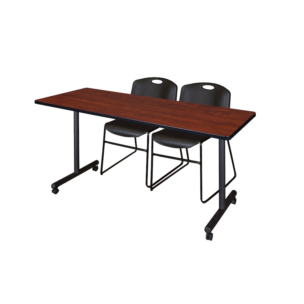 66 x 24 in. Mobile T-Base Training Table- Cherry, 2 Zeng Stack Chairs- Black