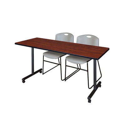66 x 24 in. Mobile T-Base Training Table- Cherry, 2 Zeng Stack Chairs- Grey