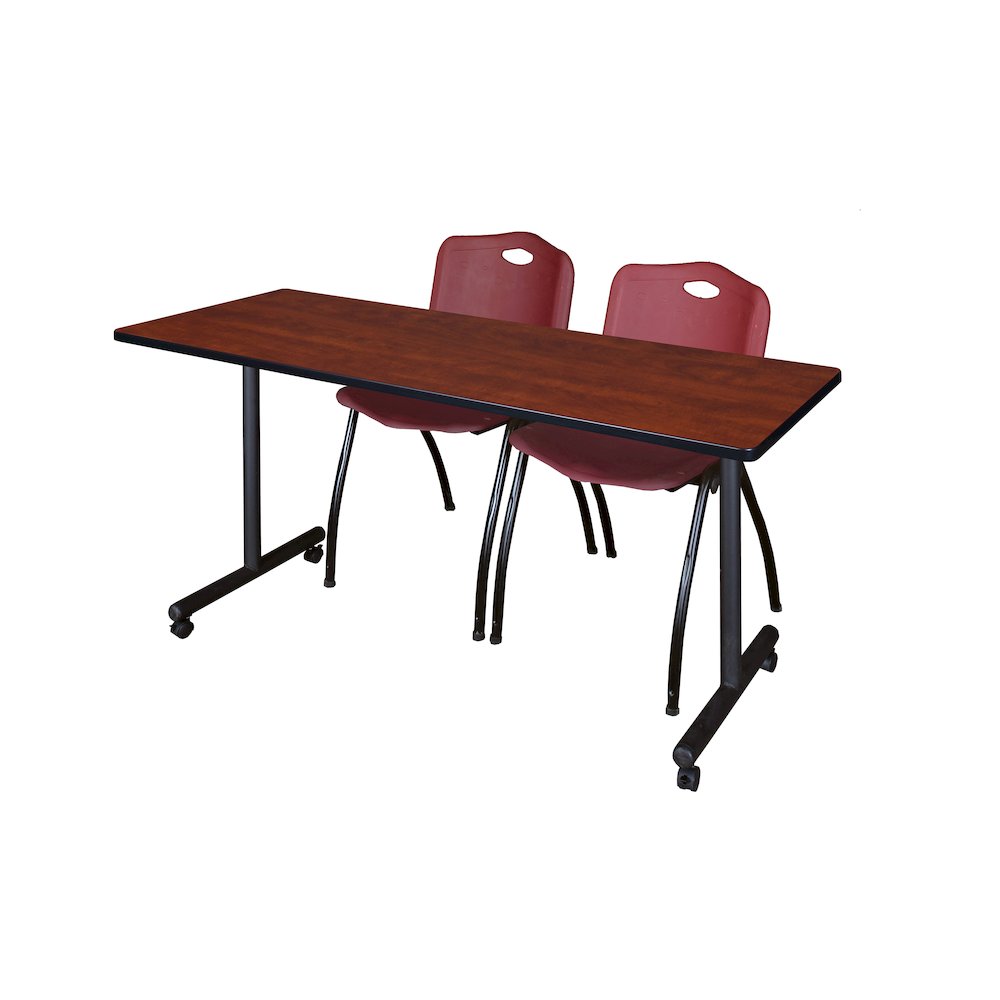 66 x 24 in. Mobile T-Base Training Table- Cherry, 2 M Stack Chairs- Burgundy
