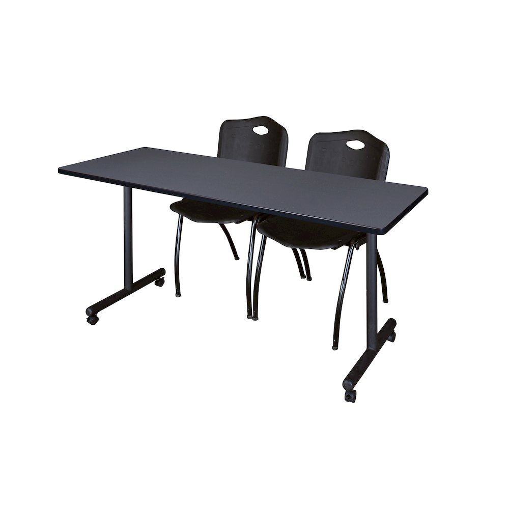 66 x 24 in. Mobile T-Base Training Table- Grey, 2 M Stack Chairs- Black