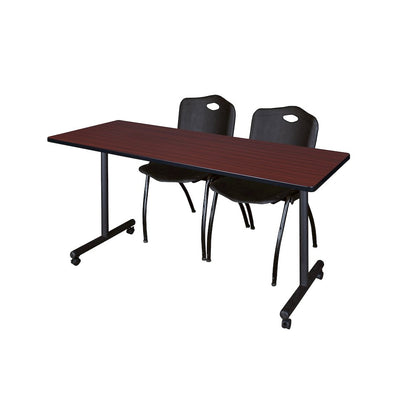66 x 24 in. Mobile T-Base Training Table- Mahogany, 2 M Stack Chairs- Black