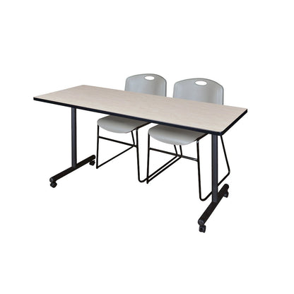66 x 24 in. Mobile T-Base Training Table- Maple, 2 Zeng Stack Chairs- Grey