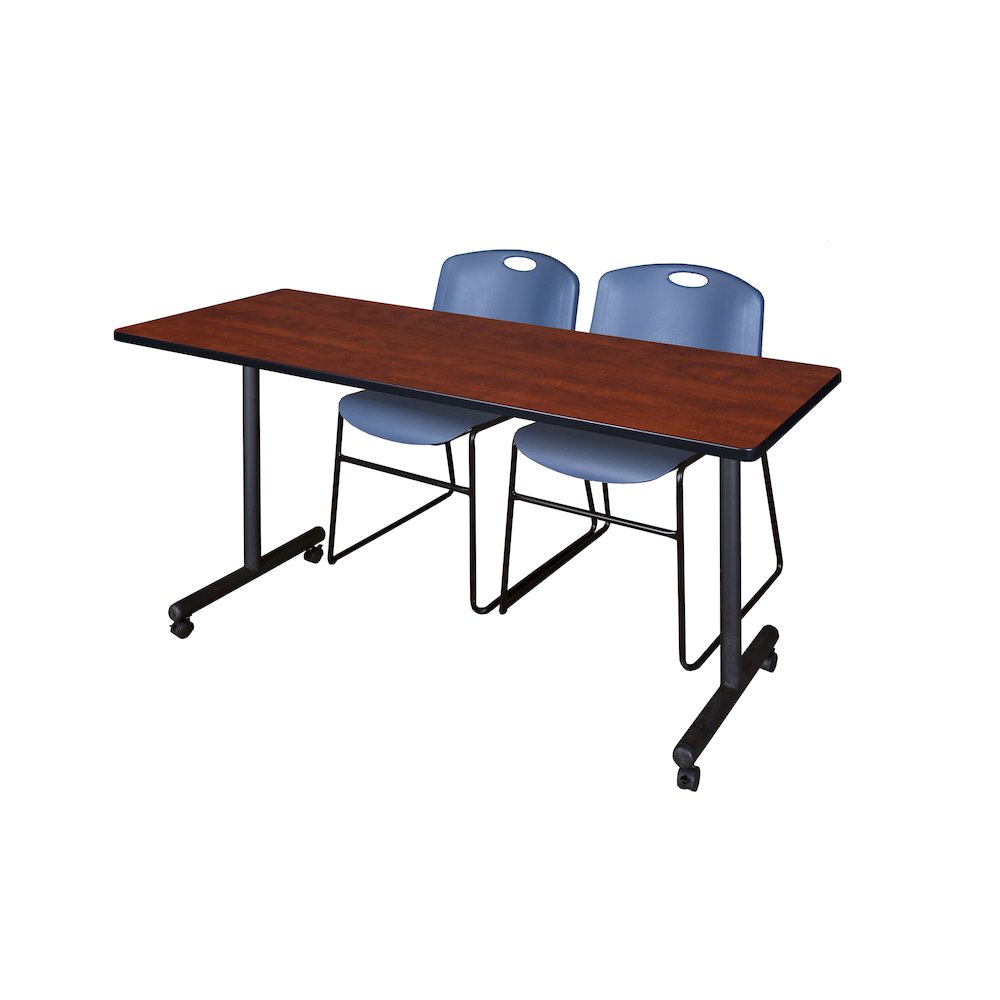 72 x 24 in. Mobile T-Base Training Table- Cherry, 2 Zeng Stack Chairs- Blue