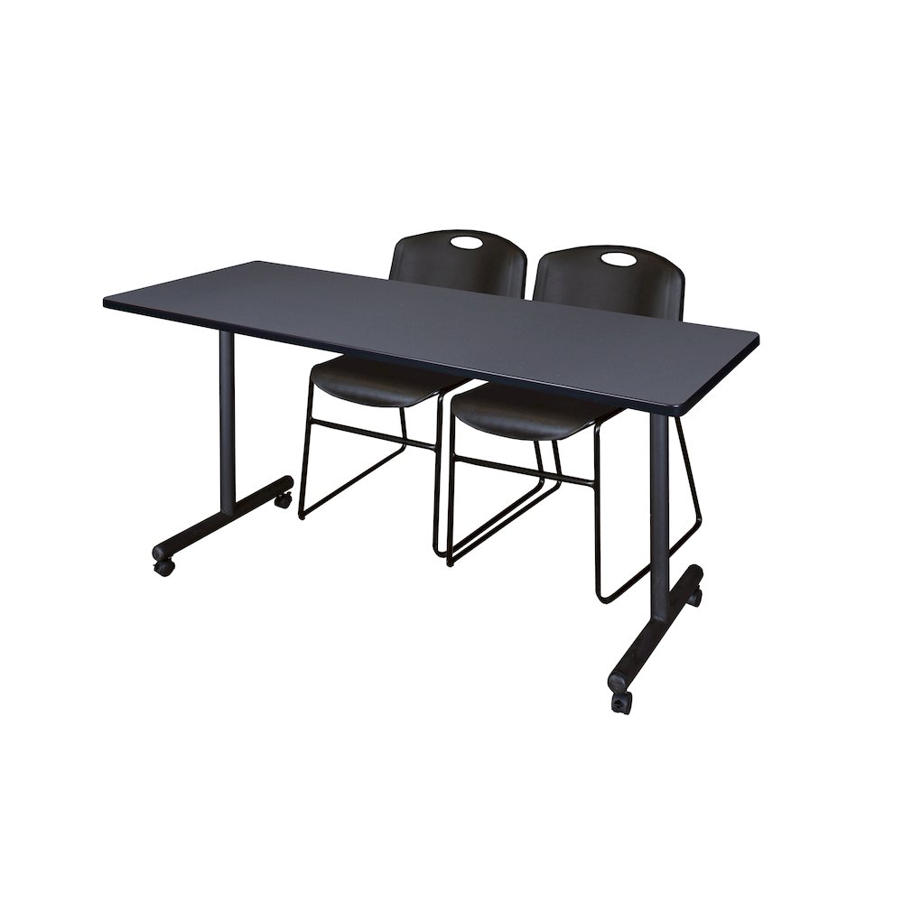 72 x 24 in. Mobile T-Base Training Table- Grey, 2 Zeng Stack Chairs- Black