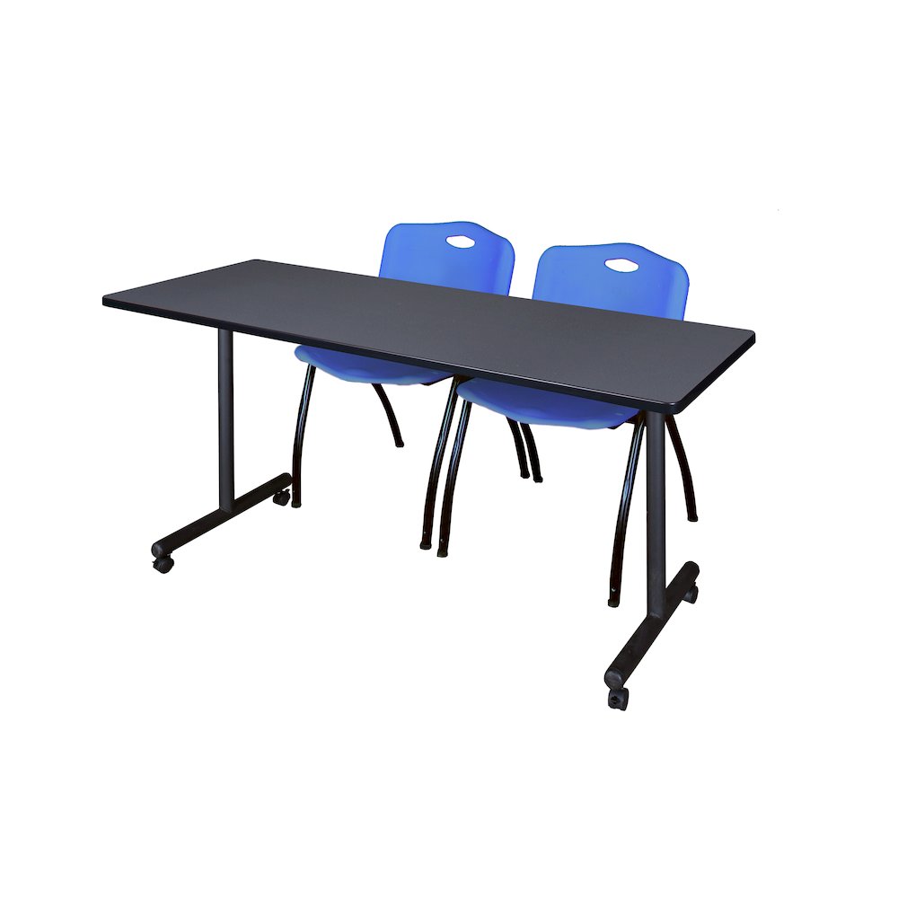 72 x 24 in. Mobile T-Base Training Table- Grey, 2 M Stack Chairs- Blue
