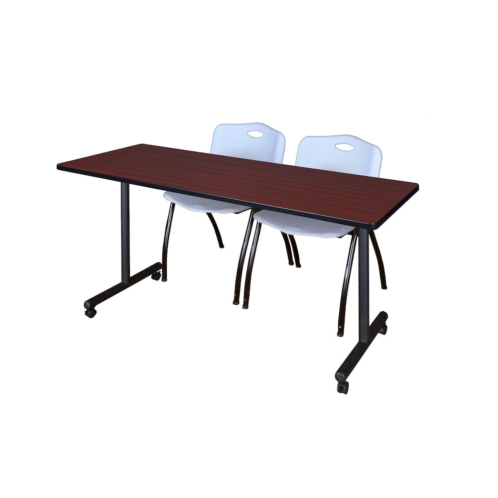 72 x 24 in. Mobile T-Base Training Table- Mahogany, 2 M Stack Chairs- Grey