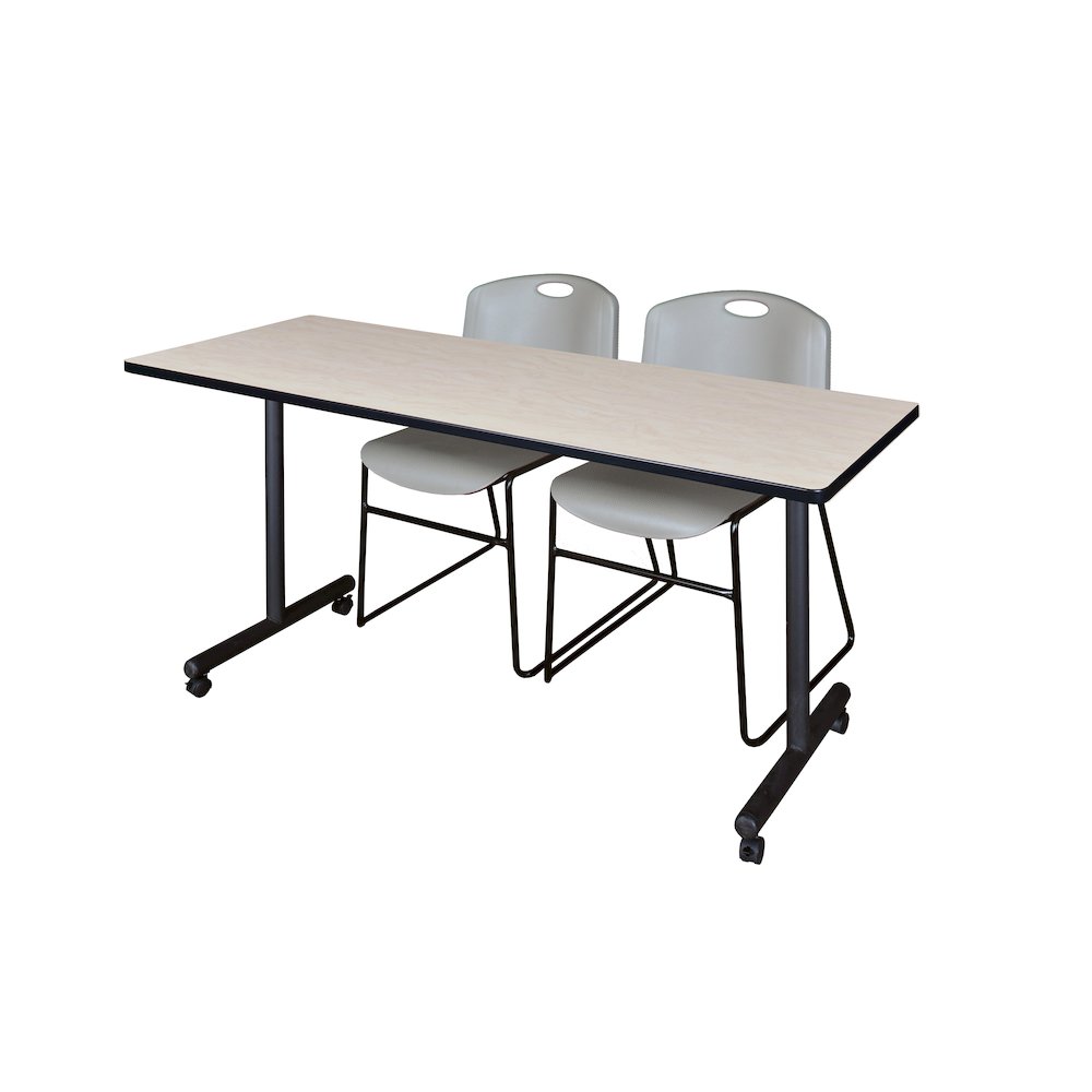 72 x 24 in. Mobile T-Base Training Table- Maple, 2 Zeng Stack Chairs- Grey