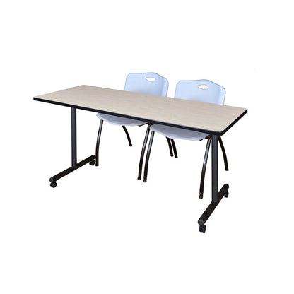 72 x 24 in. Mobile T-Base Training Table- Maple, 2 M Stack Chairs- Grey