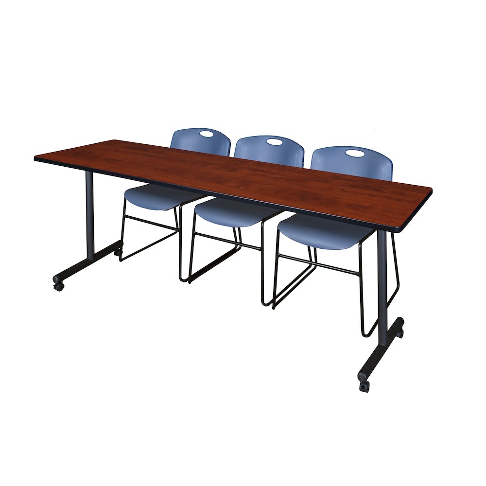 84 x 24 in. Mobile T-Base Training Table- Cherry, 2 Zeng Stack Chairs- Blue