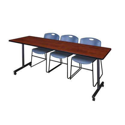 84 x 24 in. Mobile T-Base Training Table- Cherry, 2 Zeng Stack Chairs- Blue