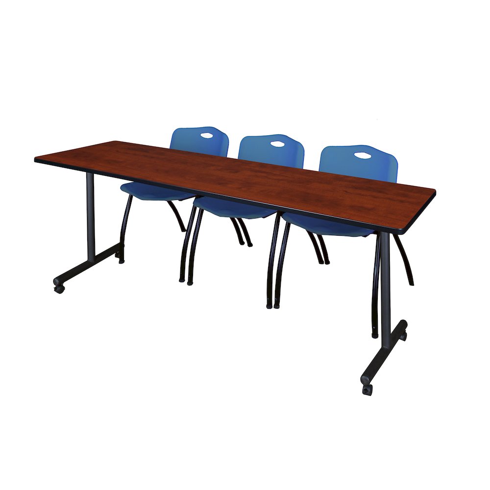 84 x 24 in. Mobile T-Base Training Table- Cherry, 2 M Stack Chairs- Blue