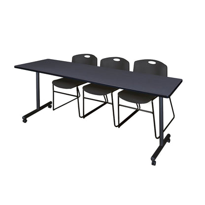 84 x 24 in. Mobile T-Base Training Table- Grey, 2 Zeng Stack Chairs- Black