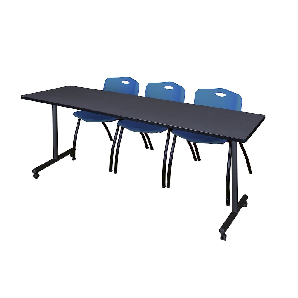 84 x 24 in. Mobile T-Base Training Table- Grey, 2 M Stack Chairs- Blue