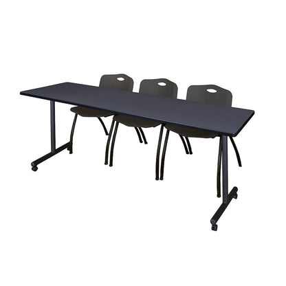 84 x 24 in. Mobile T-Base Training Table- Grey, 2 M Stack Chairs- Black