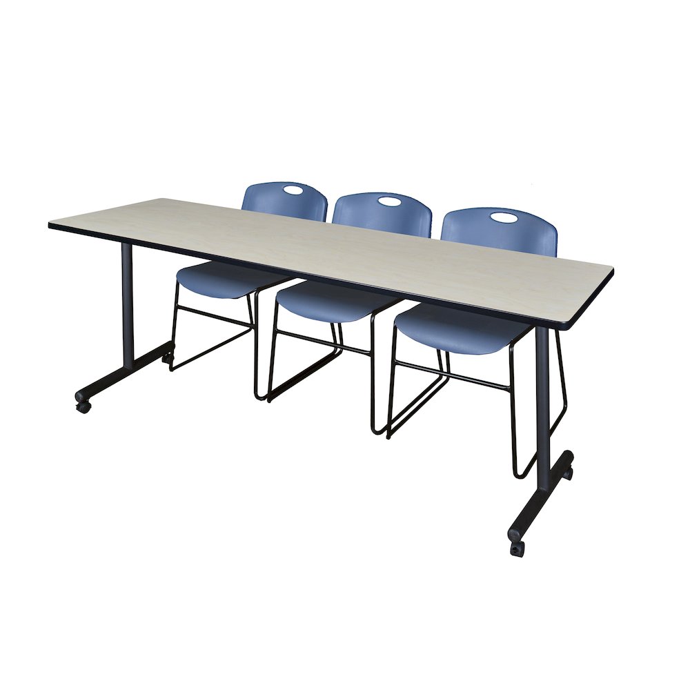 84 x 24 in. Mobile T-Base Training Table- Maple, 2 Zeng Stack Chairs- Blue