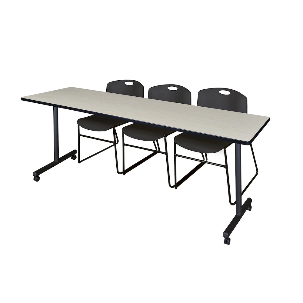 84 x 24 in. Mobile T-Base Training Table- Maple, 2 Zeng Stack Chairs- Black