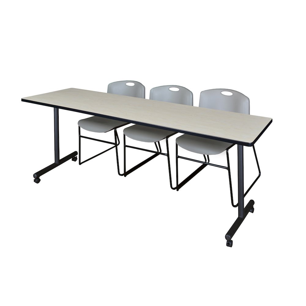 84 x 24 in. Mobile T-Base Training Table- Maple, 2 Zeng Stack Chairs- Grey